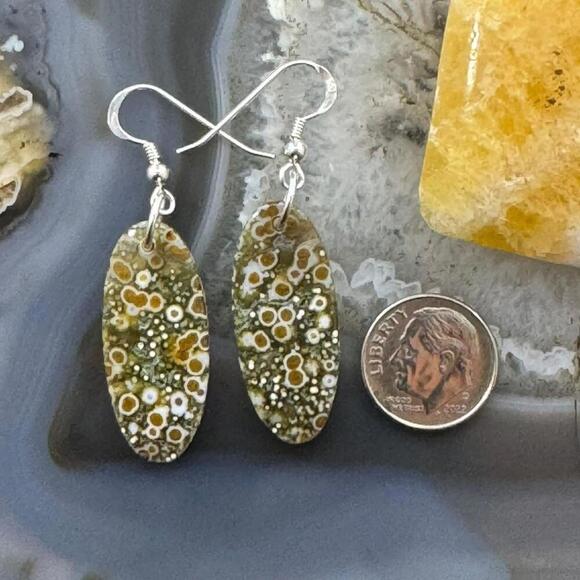 Sterling Silver Oval River Jasper Slab Dangle Earrings For Women #202 - Picture 8 of 10